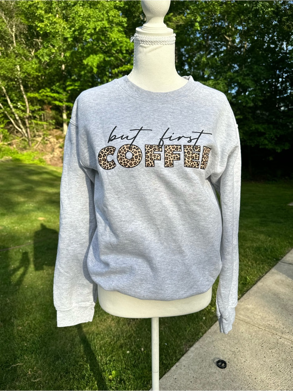 “But First Coffee” Leopard Print Graphic Sweatshirt - Light Gray